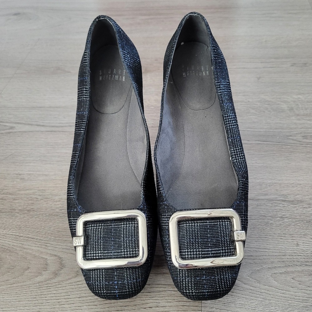 Stuart Weitzman Black Blue Plaid Buckle Square Toe Flats 7.5 Preppy‎ Academia